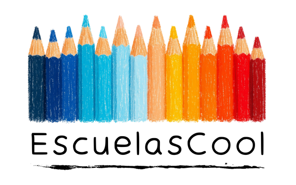 Logo de EscuelasCool: lápices de colores ordenados del azul al rojo